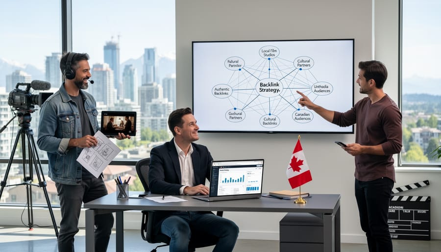 Person working on laptop with Canadian flag pin visible on desk alongside film production items