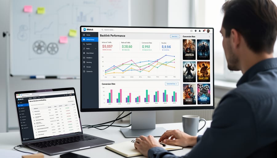 Hands holding tablet showing analytics and performance metrics on screen