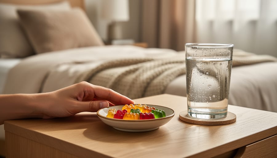 Close-up of water glass and gummy-related items on a nightstand in soft light