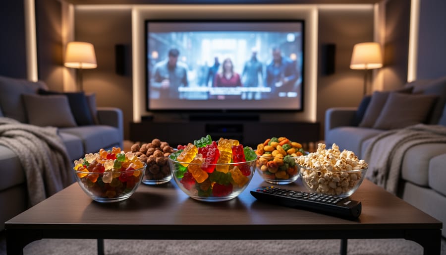 Coffee table with delta 9 gummies, remote control, and movie snacks in a cozy living room