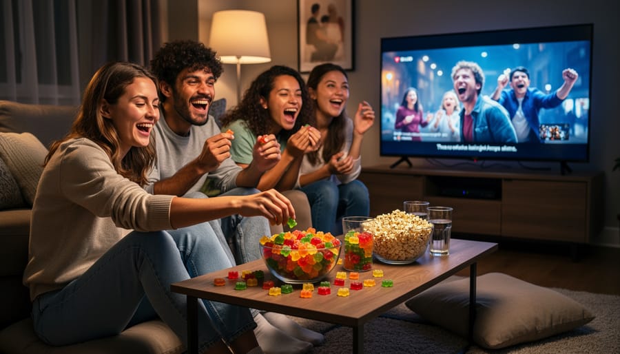 Friends on a couch during a movie night, one holding gummies while looking toward the screen