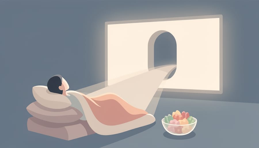Person relaxing in a dim home theater holding a bowl of gummies while watching a vivid movie