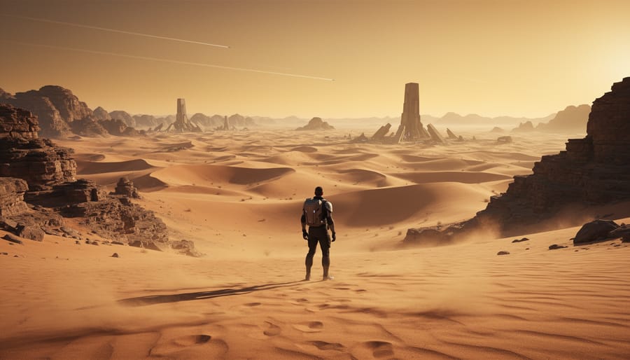 A lone figure standing on a desert ridge at dusk with distant glowing horizon