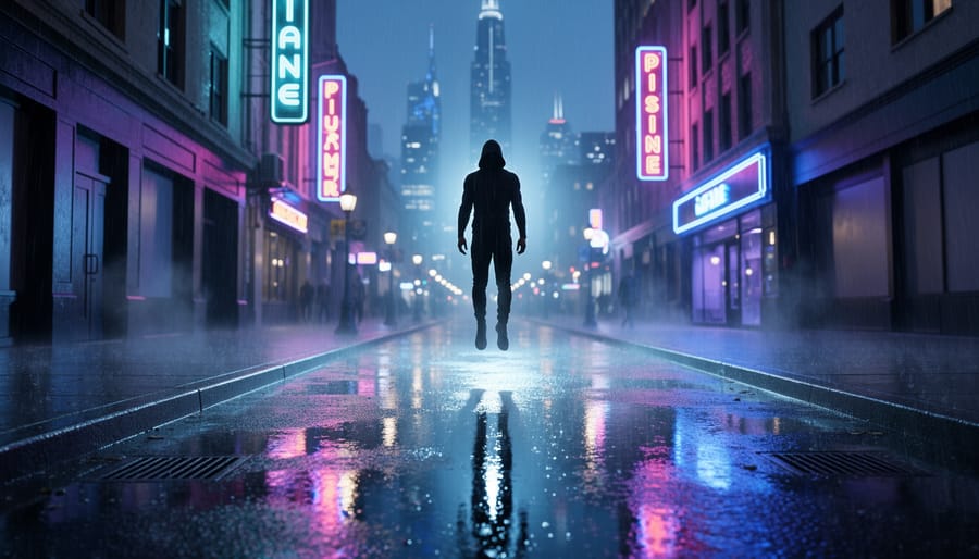 Neon-lit futuristic city street at night with wet reflections and distant hovering spacecraft