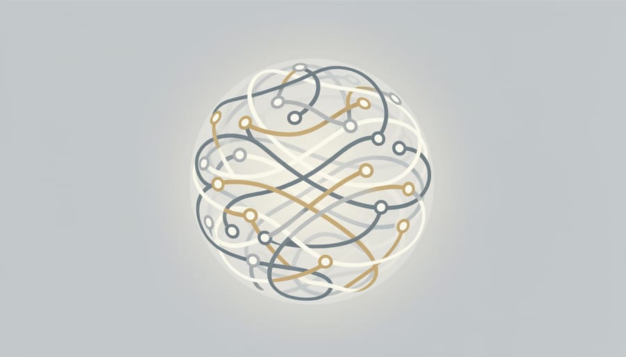 Floating glass sphere with swirling light trails suggesting time and alternate paths